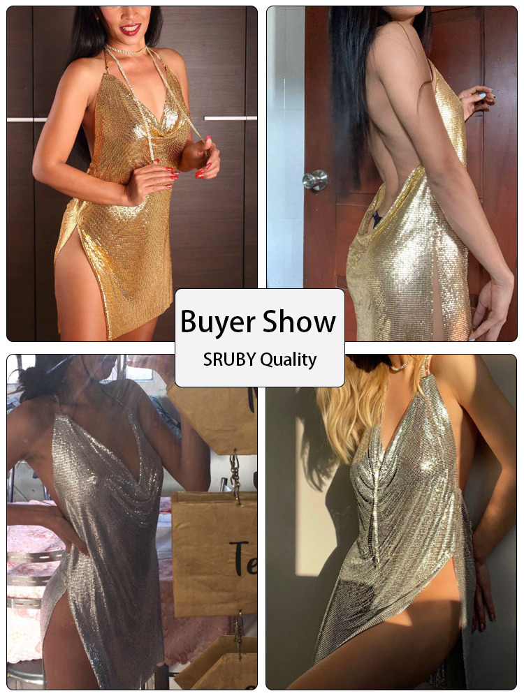 Casual Dresses SRUBY Sexy Metallic Backless Metal Party Summer Women Night club Mini dress Glitter Sequin ladies Christmas 221117
