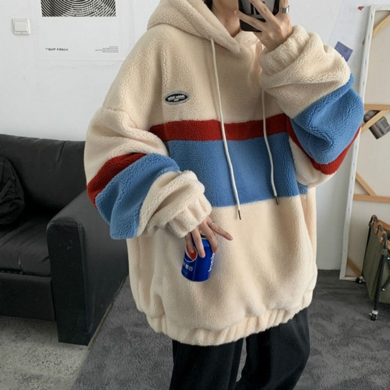 Mens Hoodies: Fleece Patchwork Stripe Hooded Coats For Men