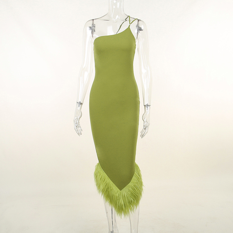 Women Casual Dresses Sleeveless Halter Fringe Tassel Hem Bodycon Midi Dress