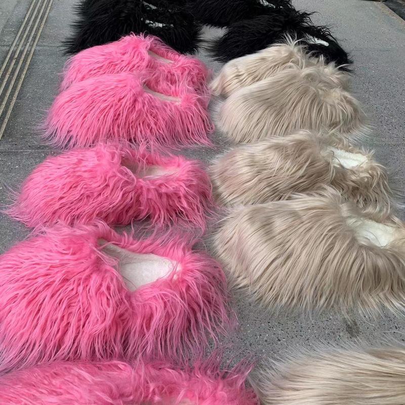 Slippers Fur Slippers Women Round Toe Mongolian Fur Slides Woman Shoes Women Flat Half Slippers 220913