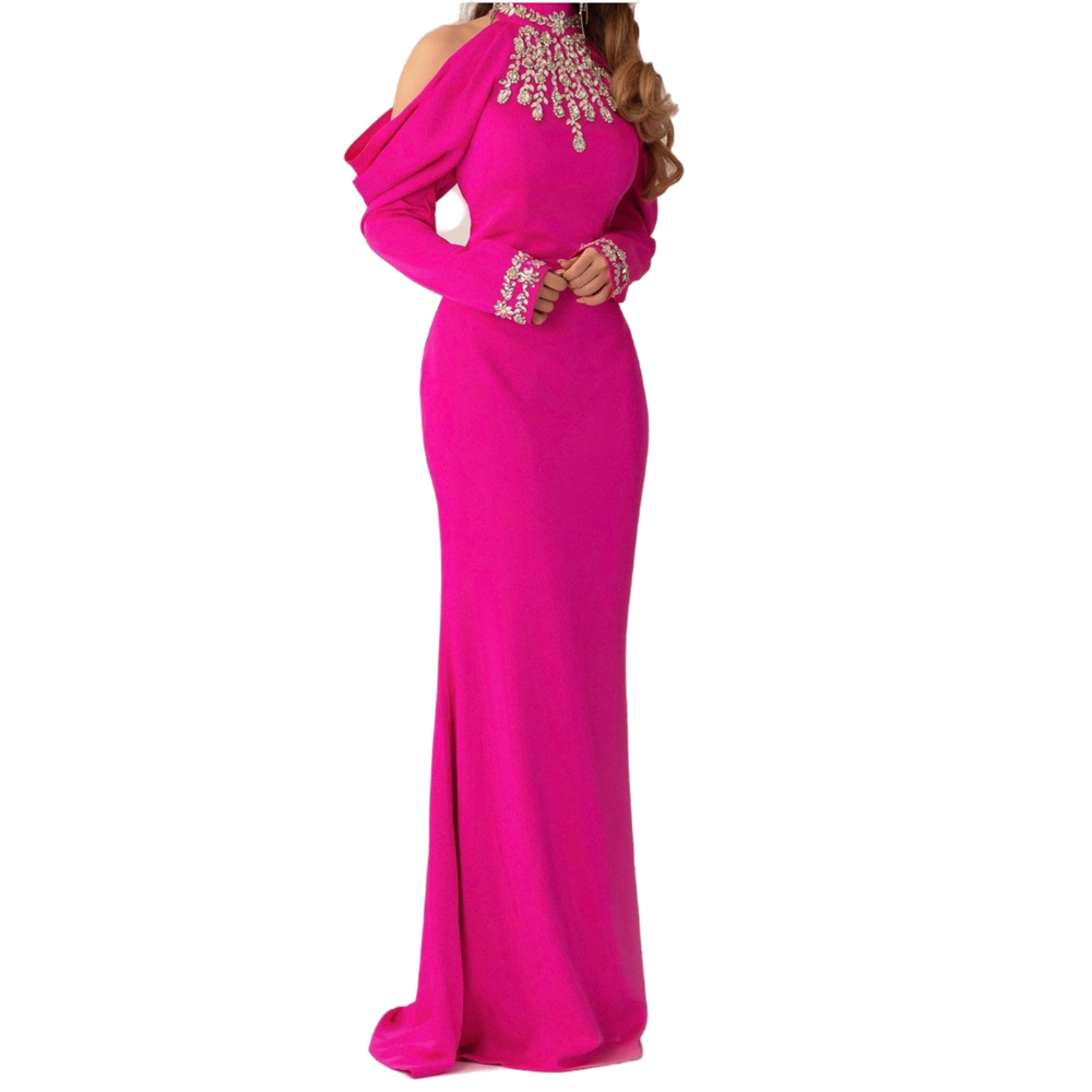 Crystals Beaded Simple Fuchsia Prom Dresses High Neck Drop Sleeves Long Sheath Satin Formal Evening Gowns Floor Length Special Occasion Vestido