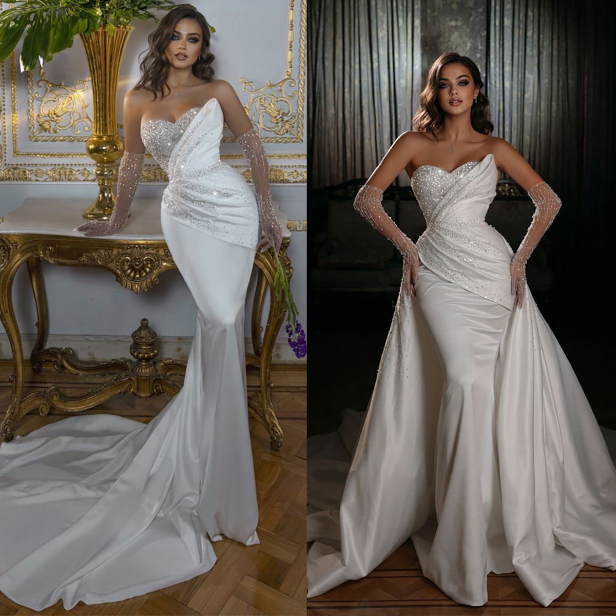 Elegant Mermaid Wedding Dresses Sweetheart Sleeveless Shining Cloth Stain Applicant Chapel Gown Removable Trailer Custom Made Plus Size Vestidos De No