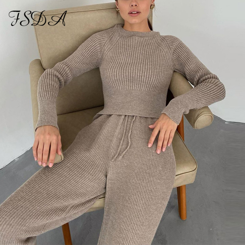 Womens Two Piece Pants FSDA Women Set Sweater Top Long Sleeve And Biker Autumn Winter White Casual Warm Outfits Knitted 221117