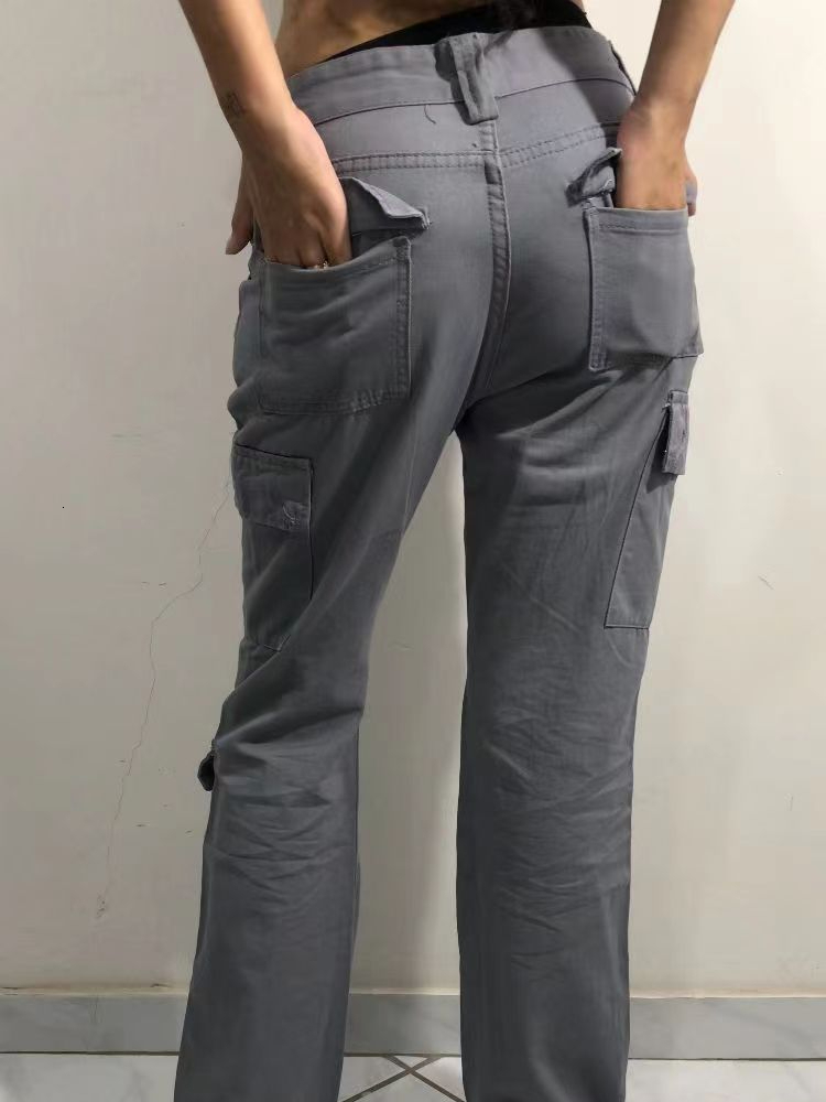 Women's Jeans WeiYao Gray Casual Stitched Pocket Cargo Pants Women Low Waist Vintage Streetwear Korean Fashion Straight Denim Trousers 221117