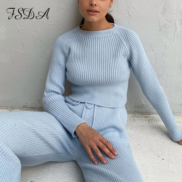 Womens Two Piece Pants FSDA Women Set Sweater Top Long Sleeve And Biker Autumn Winter White Casual Warm Outfits Knitted 221117