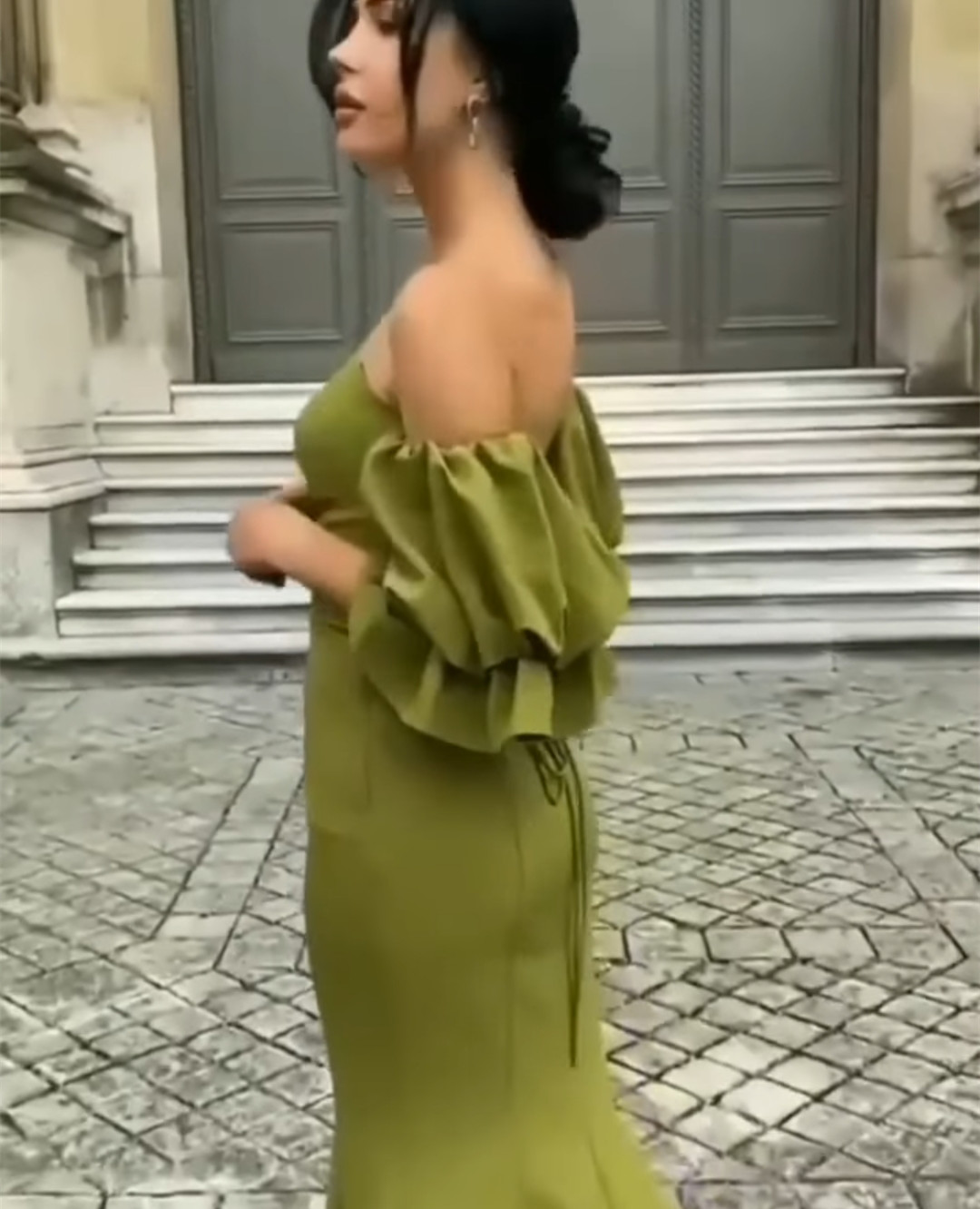 Olive GreenSimple Satin Mermaid Prom Dresses Open Back Lace-up Off Shoulder Ruffles Short Sleeve Evening Gowns Special Occasion Dress For Women Girls 