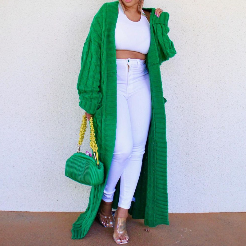 Women's Knits Tees Kintted Cardigan Women Long Jacket Autumn Winter Green Crochet Loose Sleeve Woman Sweater Warm Jumper Causal Cardigans 221117