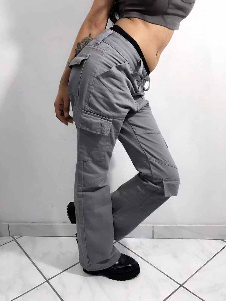 Women's Jeans WeiYao Gray Casual Stitched Pocket Cargo Pants Women Low Waist Vintage Streetwear Korean Fashion Straight Denim Trousers 221117