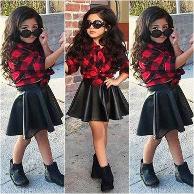 Clothing Sets Infant Toddler Kid Baby Girls 2PCS Clothes Princess Plaid Tops Shirt Leather Skirt Fashion Outfits 221118