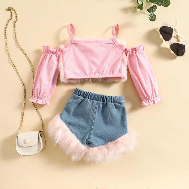 Clothing Sets 0 4Y Kids Girls Autumn Clothes Set Baby Off Shoulder Long Sleeve Plush Tops Fur Trim Denim Short Pants Toddler Fashion Outfits 221118