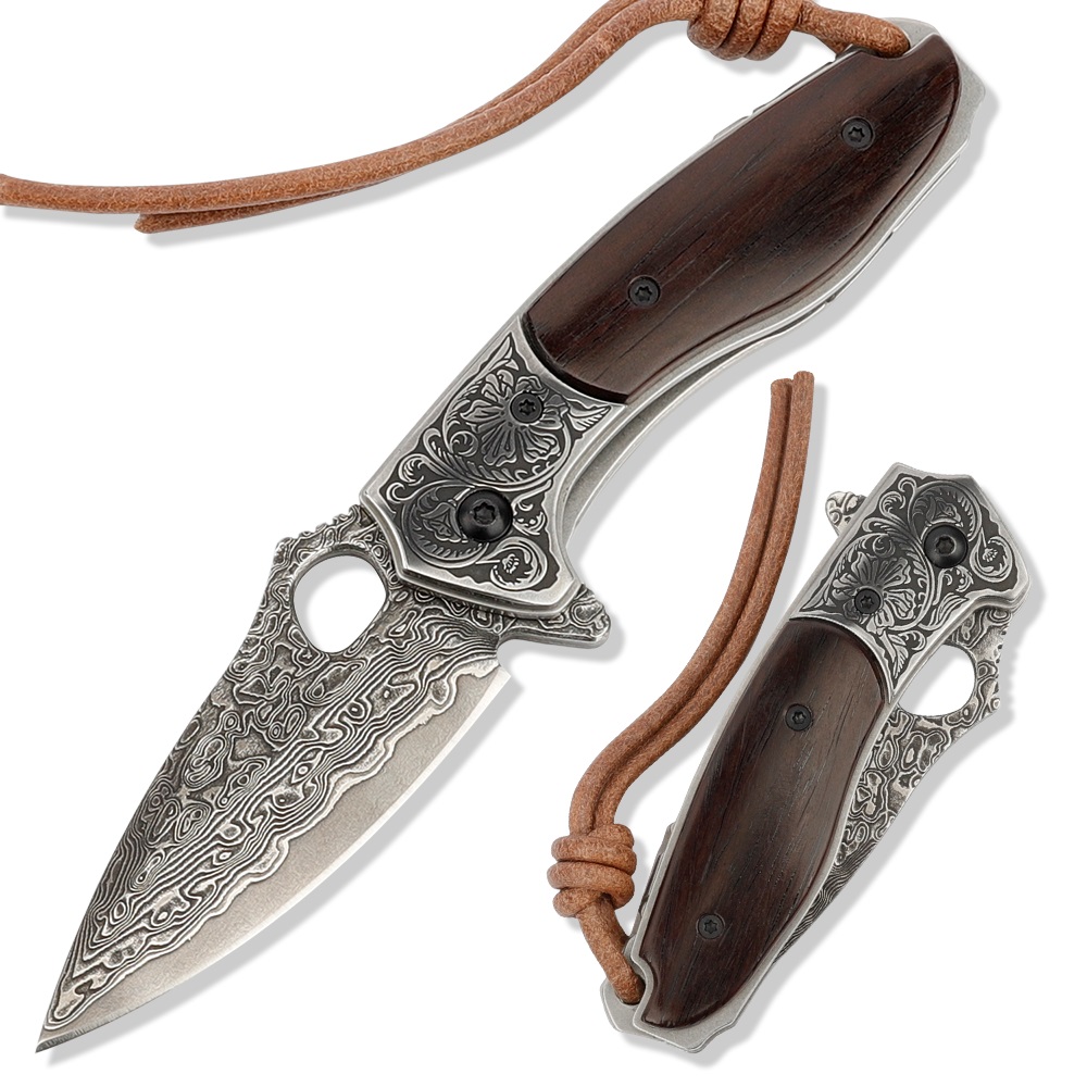 TRIVISA Folding Pocket Knife with Leather Sheath Japanese Damascus Steel Core Wood Handle Self-defense Knives For EDC