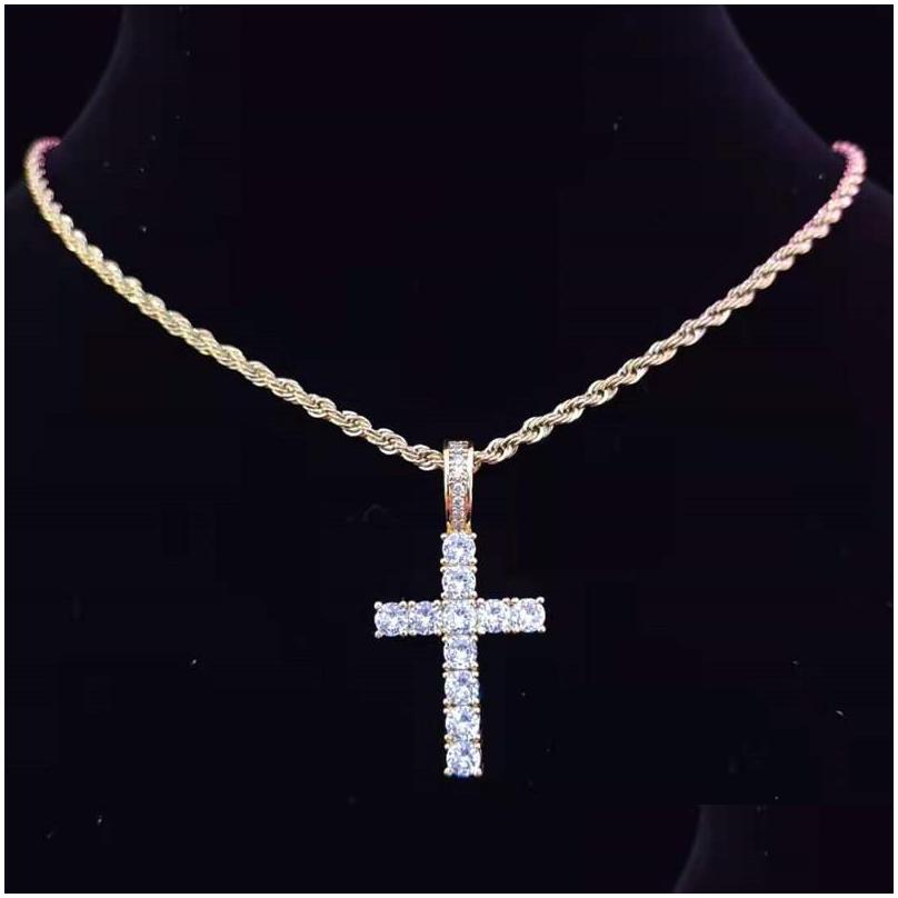 Pendant Necklaces Pendant Necklaces Men Women Hip Hop Cross Necklace With 4Mm Zircon Tennis Chain Iced Out Bling Hiphop Jewelry Fash Dh67A
