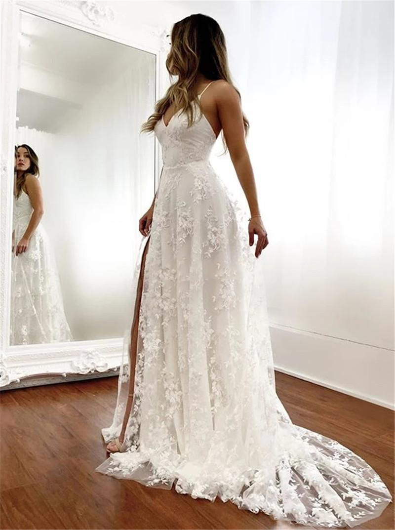 Charming Lace A Line Dresses Spaghetti Appliques Bridal Sweep Train Backless Customize Garden Wedding Dress Free shipping