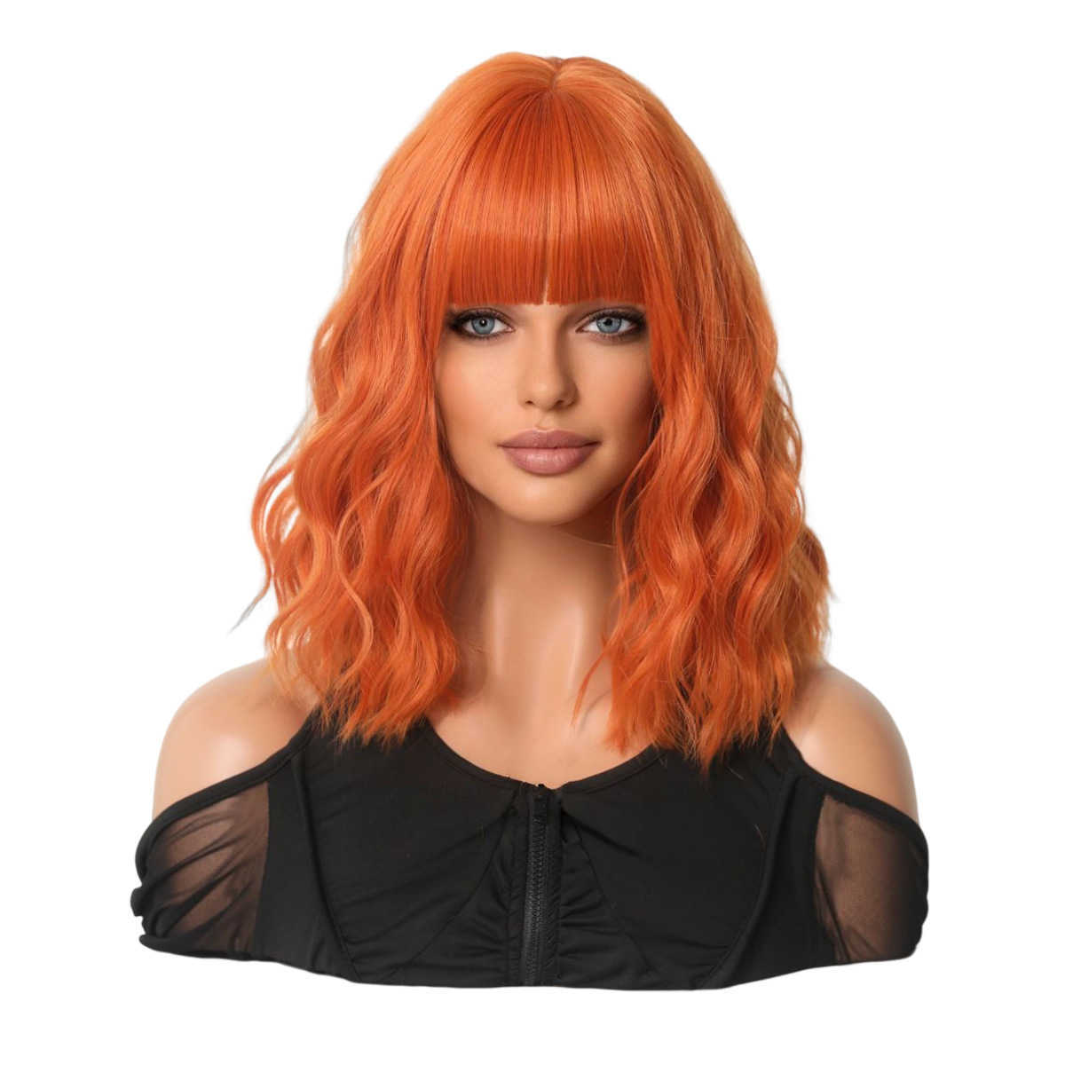 Orange Ginger Color Wig Short Wavy Bob Pixie Cut Full Machine Made No Lace Human Hair Wigs With Bangs For Black Women Brazilian S0826