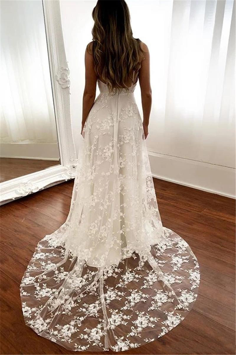 Charming Lace A e Dresses Spaghetti Appliques Bridal Sweep Train Backless Customize Garden Wedding Dress