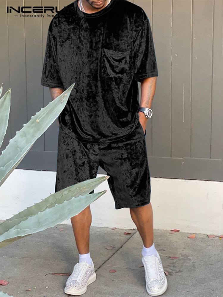 Men s Tracksuits INCERUN Sets Velour Solid Color Streetwear Short Sleeve Pockets T Shirt Shorts 2PCS Loose Fashion Casual Suits 7 221118