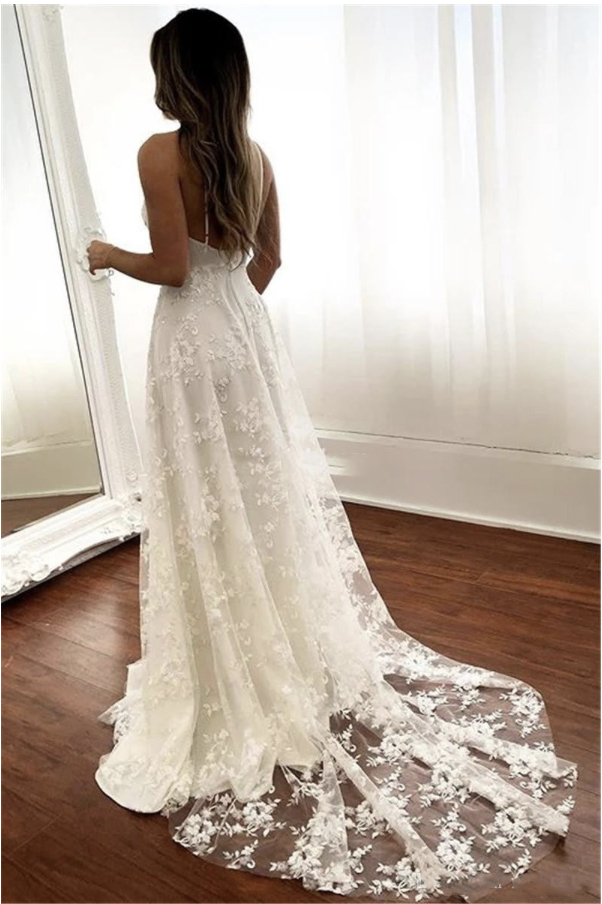 Charming Lace A e Dresses Spaghetti Appliques Bridal Sweep Train Backless Customize Garden Wedding Dress