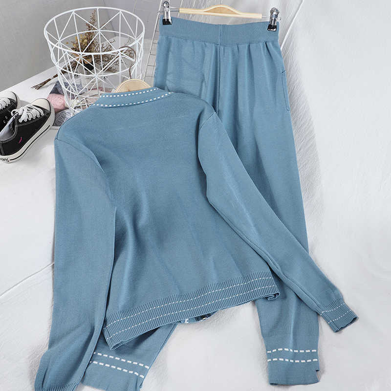 Womens Two Piece Pants Japanese Style Fashion Knitted Women Set Long Sleeve Cardigan Spring Autumn Knit Tracksuit Woman Clothing 221117