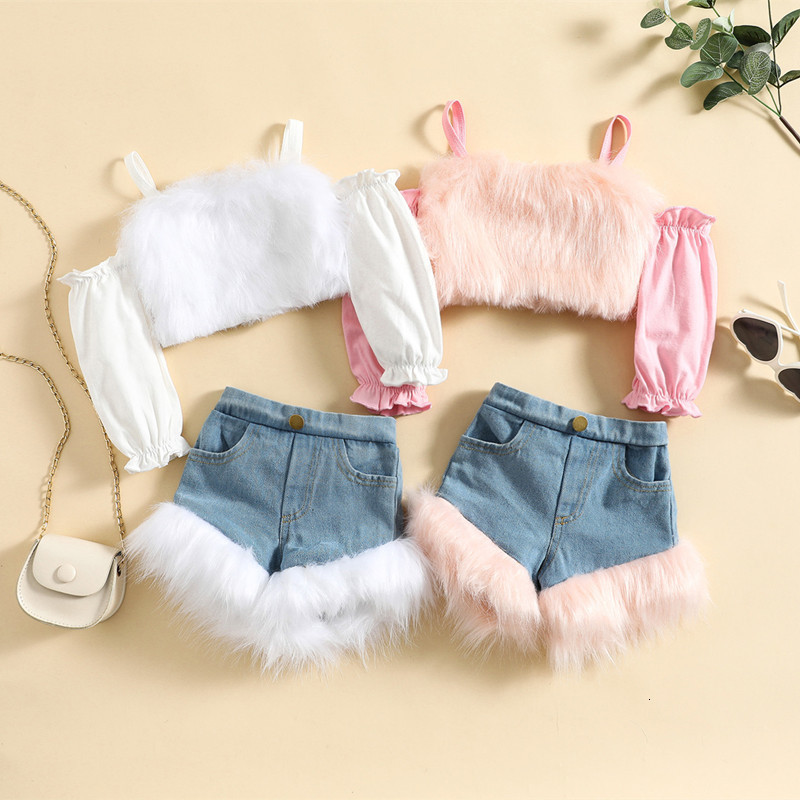 Clothing Sets 0 4Y Kids Girls Autumn Clothes Set Baby Off Shoulder Long Sleeve Plush Tops Fur Trim Denim Short Pants Toddler Fashion Outfits 221118