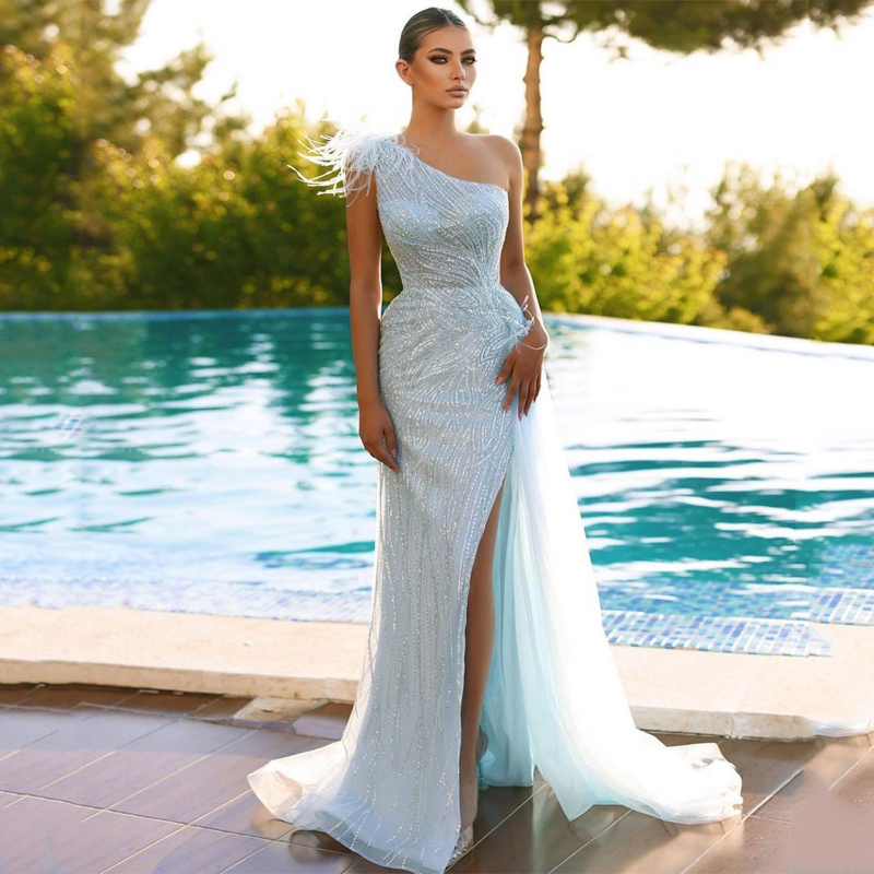 Sky Blue One Shoulder Prom Dresses Feathers Side Split Party Dresses Lace Sequins Custom Made Evening Dress