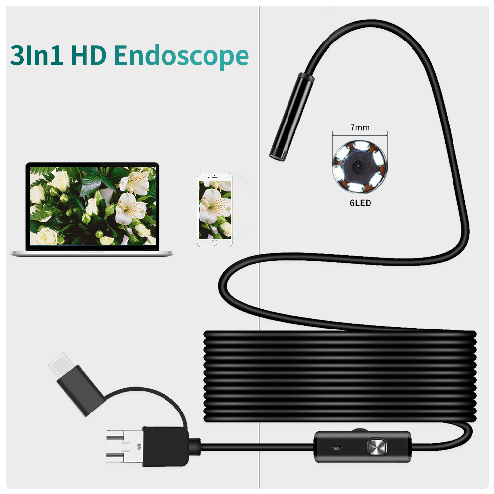 7MM Mini Endoscope Camera USB Waterproof 0.5-10M Hard Soft Wire Snake Tube Inspection Borescope Cameras For Car Android Smartphone Loptop PC Notebook 