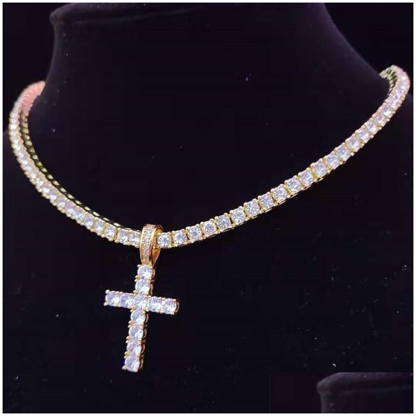 Pendant Necklaces Pendant Necklaces Men Women Hip Hop Cross Necklace With 4Mm Zircon Tennis Chain Iced Out Bling Hiphop Jewelry Fash Dh67A