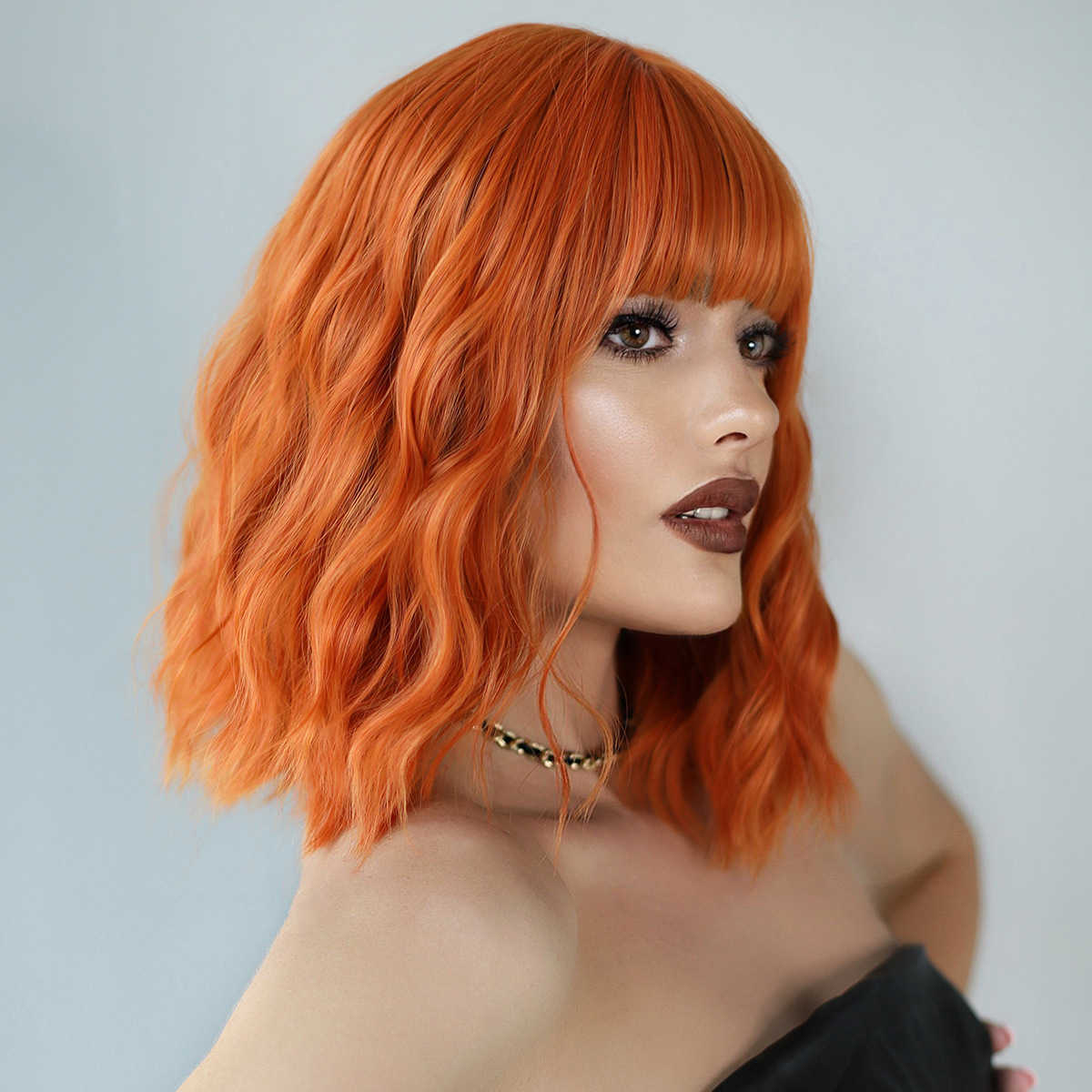 Orange Ginger Color Wig Short Wavy Bob Pixie Cut Full Machine Made No Lace Human Hair Wigs With Bangs For Black Women Brazilian S0826
