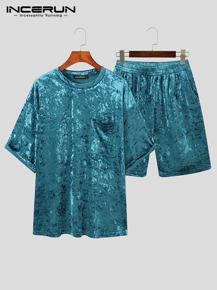 Men s Tracksuits INCERUN Sets Velour Solid Color Streetwear Short Sleeve Pockets T Shirt Shorts 2PCS Loose Fashion Casual Suits 7 221118