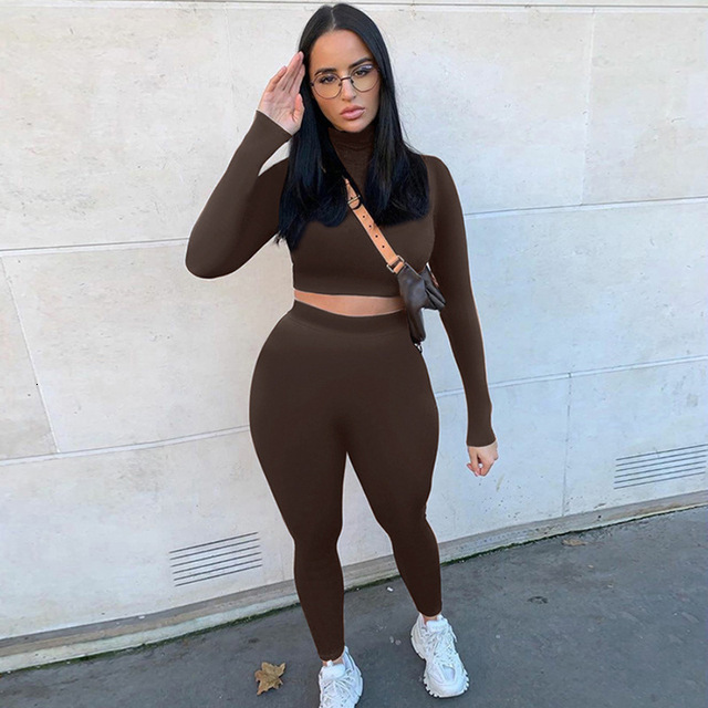 Womens Two Piece Pants Sets Women Solid Autumn Tracksuits High Waist Stretchy Sportswear Crop Tops And Leggings Matching Outfits 221117