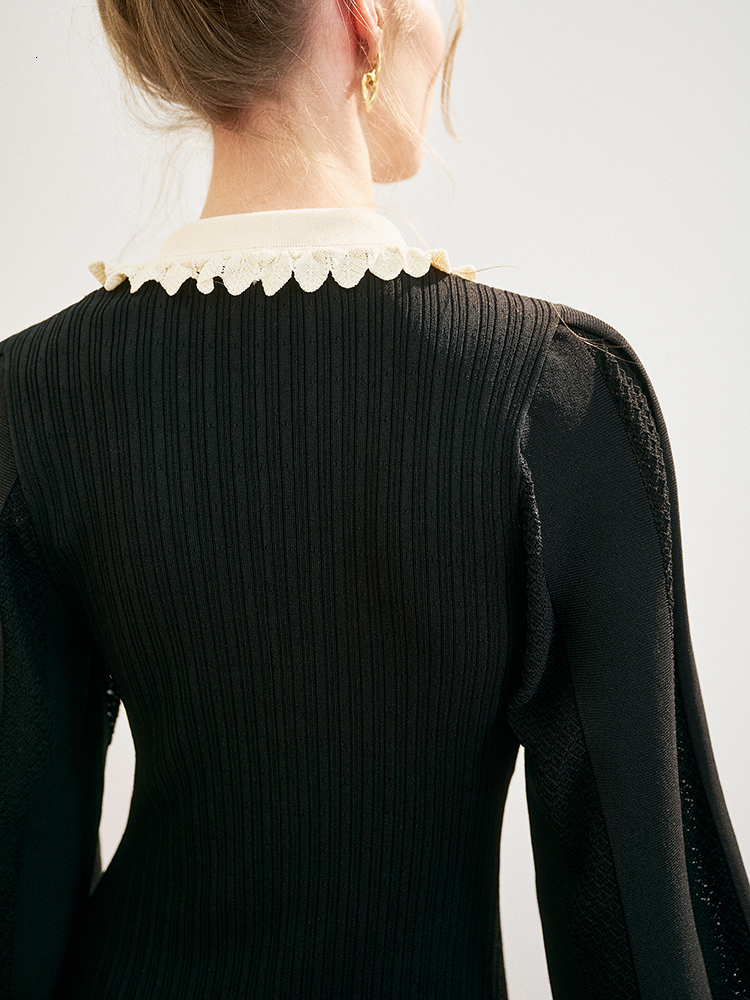 Casual Dresses IOO Viscose Fitted Sweater Frilled Statement Collar Long Sleeve Knitted Midi French Pairs Fashion Sandro 221117