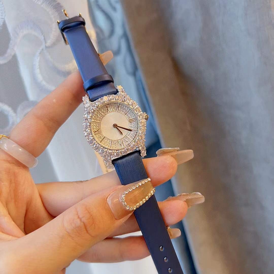 Fashion New Women Zircon Quartz Wristwatch Geometric Roman Number Watches Full Diamond Dial Blue Leather Strap Watch Ladies Clock Senior Jewelry