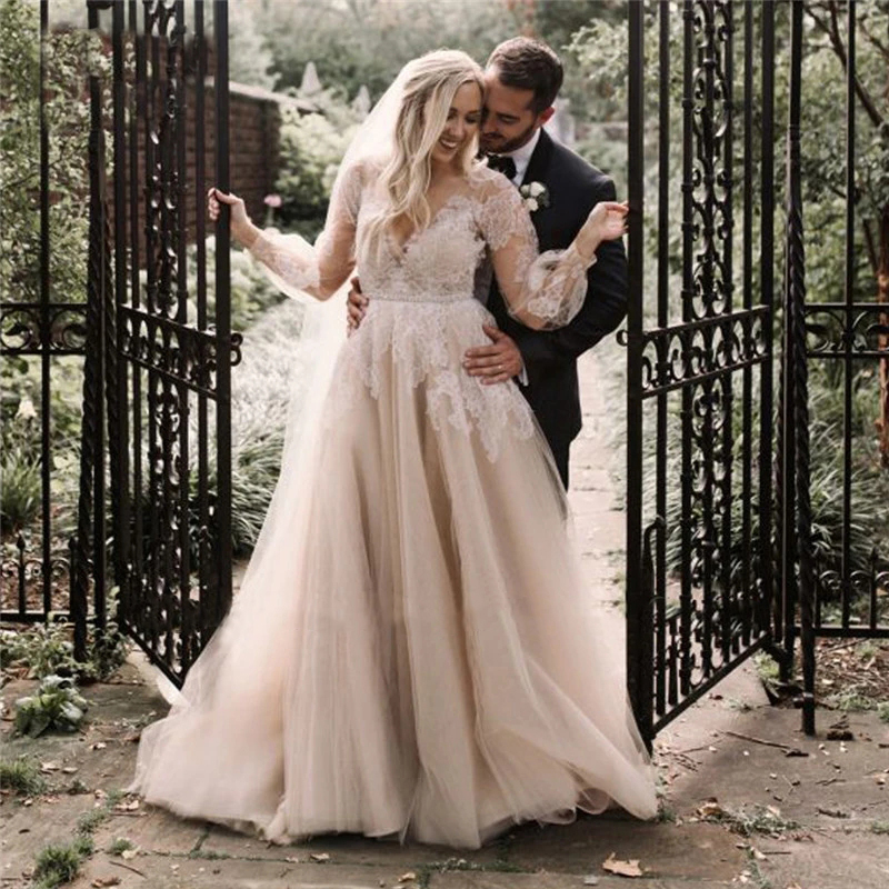 Verngo Vintage Dusty Color Dress Long Sleeves Lace Applique Tulle Bridal Gowns Beach Boho Wedding Gown Plus Size