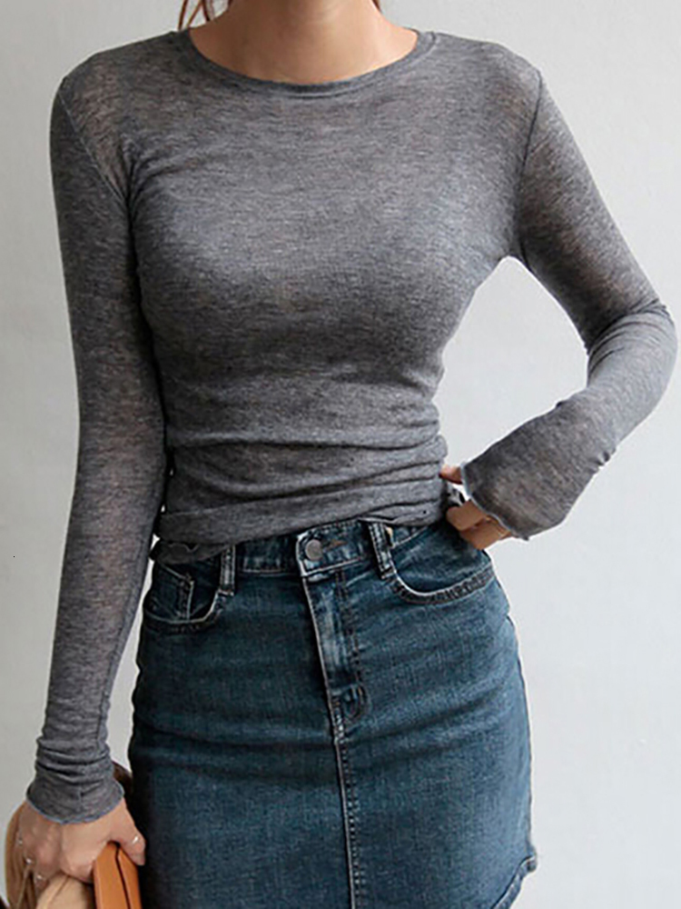 Women's T-Shirt Slim High Quality Plain T Shirt Women Cotton Elastic Basic T-shirts Female Casual Tops Long Sleeve Sexy Thin T-shirt see through 