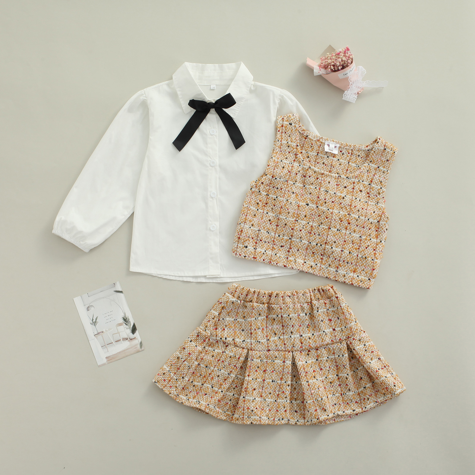 Clothing Sets 3Pcs Girls Skirt Set Solid Color Long Sleeve Shirt Plaid Vest Elastic Waist Outfits for Kids 1 6 Years 221118