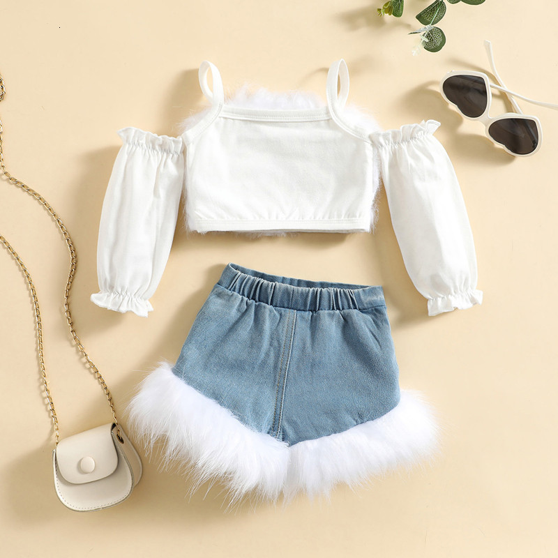Clothing Sets 0 4Y Kids Girls Autumn Clothes Set Baby Off Shoulder Long Sleeve Plush Tops Fur Trim Denim Short Pants Toddler Fashion Outfits 221118