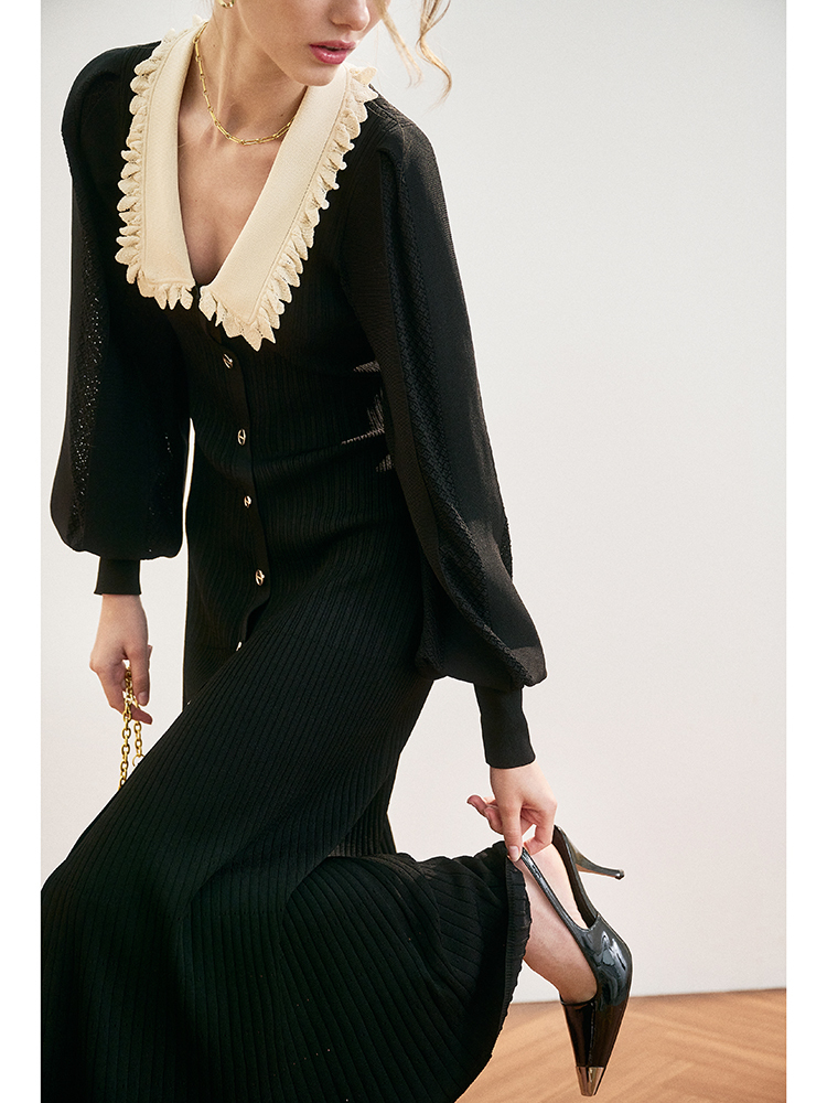 Casual Dresses IOO Viscose Fitted Sweater Frilled Statement Collar Long Sleeve Knitted Midi French Pairs Fashion Sandro 221117