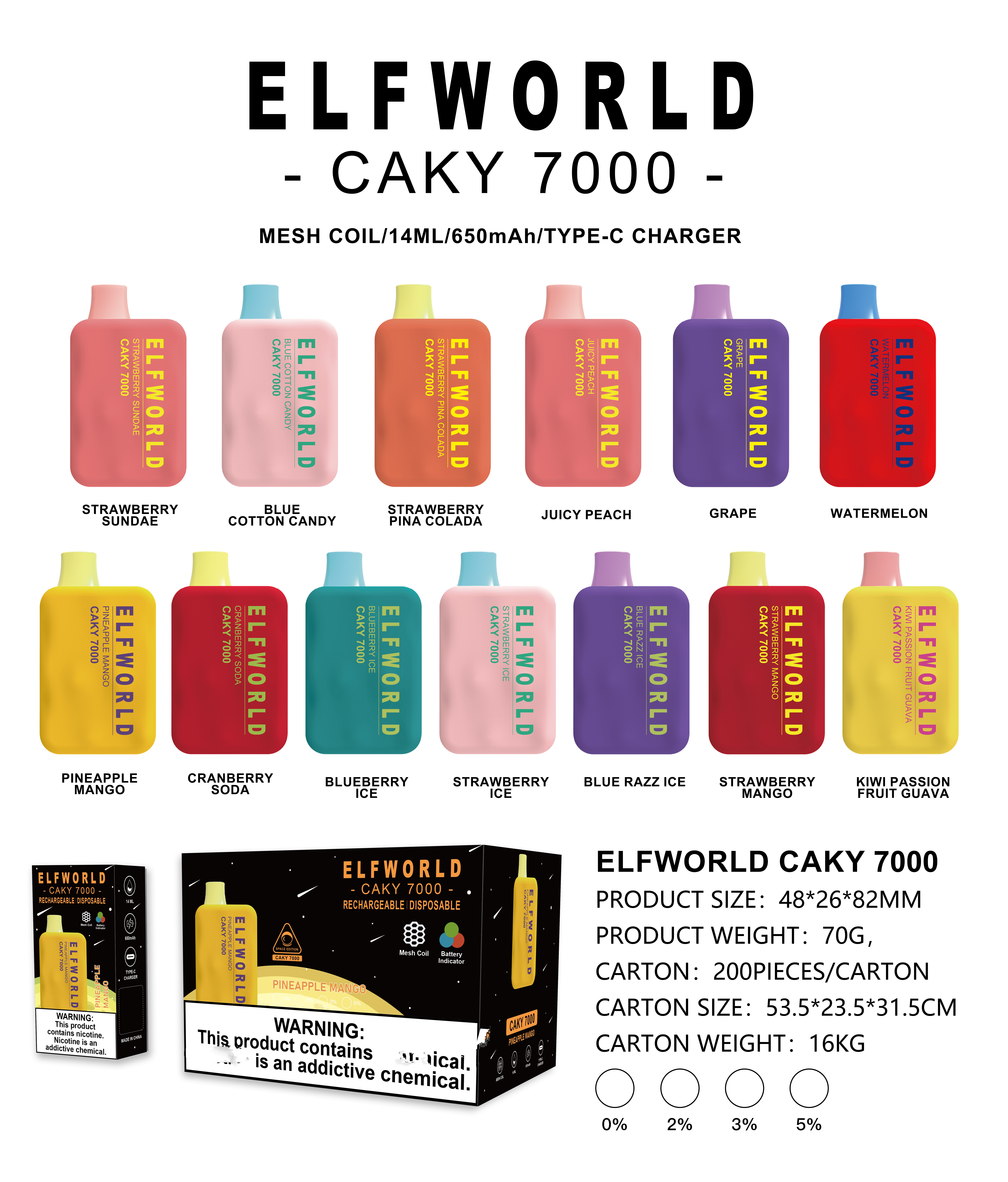 Original Elfworld Caky 7000 puffs ELF world 14ml Mesh coil Disposable Vape Device with 650mAh Rechargle Battery
Original Elfworld Caky 7000 puffs ELF world 14ml Mesh coil Disposable Vape Device with 650mAh Rechargle Battery