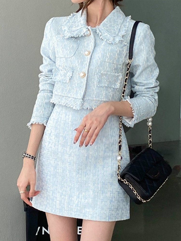 Women's Knits Tees High Quality Female Elegant Skirt Suits Autumn Tweed Two Piece Set Women Outfits Crop Top Mini Vetement Femme 221117