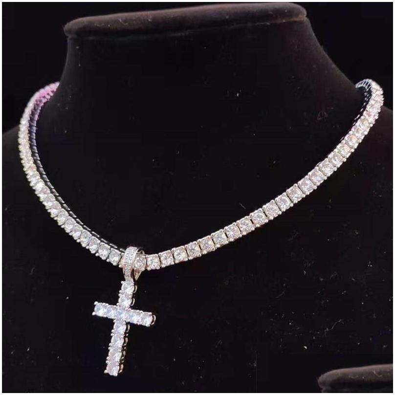 Pendant Necklaces Pendant Necklaces Men Women Hip Hop Cross Necklace With 4Mm Zircon Tennis Chain Iced Out Bling Hiphop Jewelry Fash Dh67A