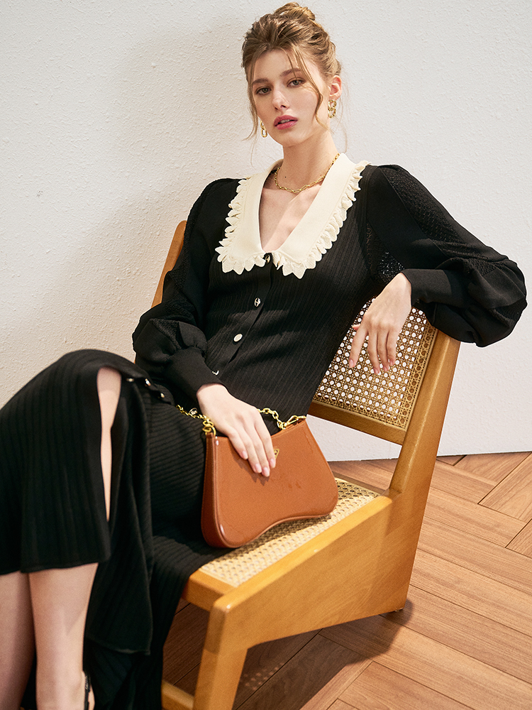 Casual Dresses IOO Viscose Fitted Sweater Frilled Statement Collar Long Sleeve Knitted Midi French Pairs Fashion Sandro 221117