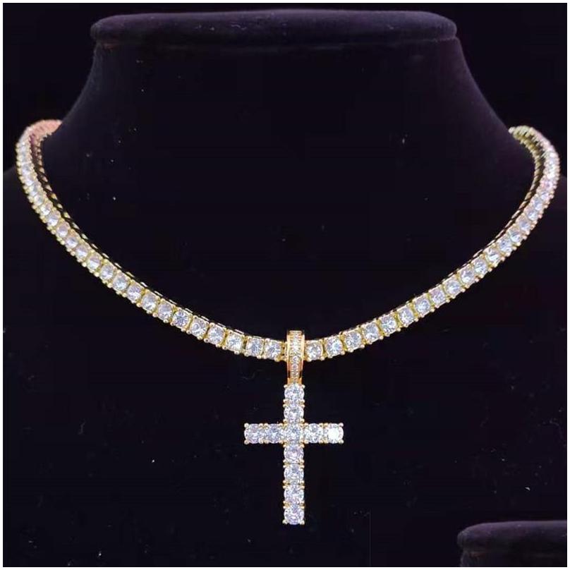 Pendant Necklaces Pendant Necklaces Men Women Hip Hop Cross Necklace With 4Mm Zircon Tennis Chain Iced Out Bling Hiphop Jewelry Fash Dh67A
