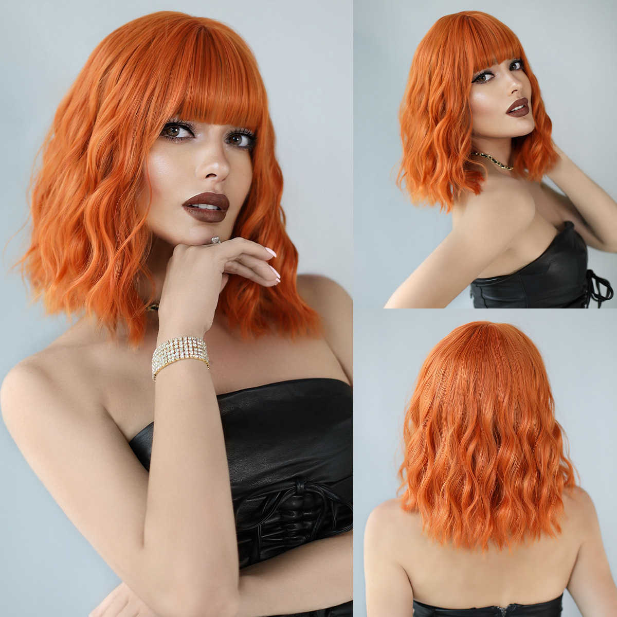 Orange Ginger Color Wig Short Wavy Bob Pixie Cut Full Machine Made No Lace Human Hair Wigs With Bangs For Black Women Brazilian S0826
