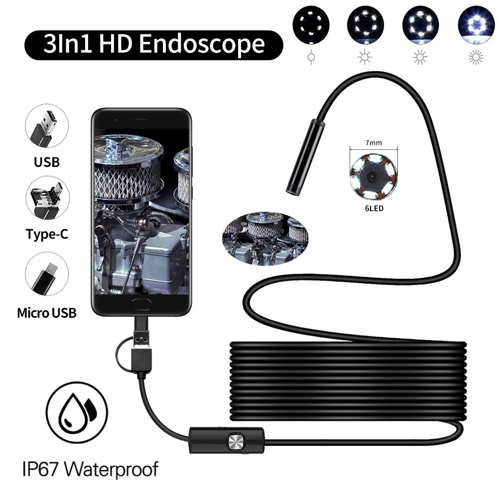7MM Endoscope Camera USB Mini Waterproof 0.5-10M Hard Soft Cable Snake Tube Inspection Borescope Cameras For Car Android Smartphone Loptop PC Notebook