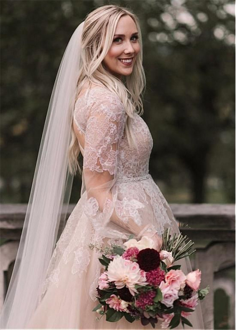 Verngo Vintage Dusty Color Dress Long Sleeves Lace Applique Tulle Bridal Gowns Beach Boho Wedding Gown Plus Size