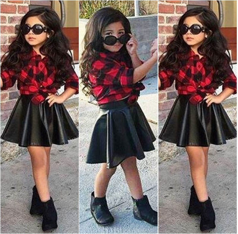 Clothing Sets Infant Toddler Kid Baby Girls 2PCS Clothes Princess Plaid Tops Shirt Leather Skirt Fashion Outfits 221118