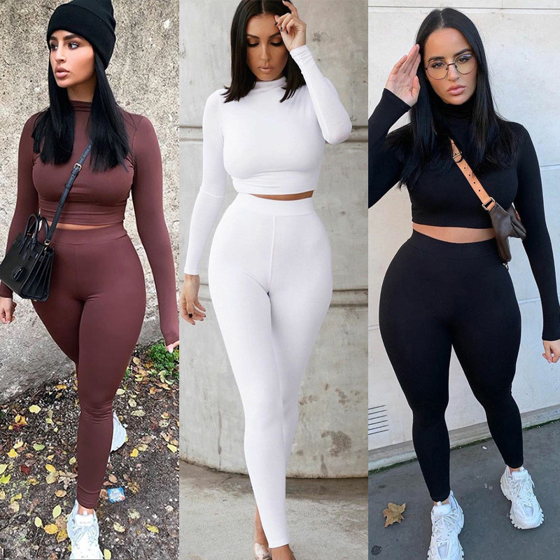 Womens Two Piece Pants Sets Women Solid Autumn Tracksuits High Waist Stretchy Sportswear Crop Tops And Leggings Matching Outfits 221117