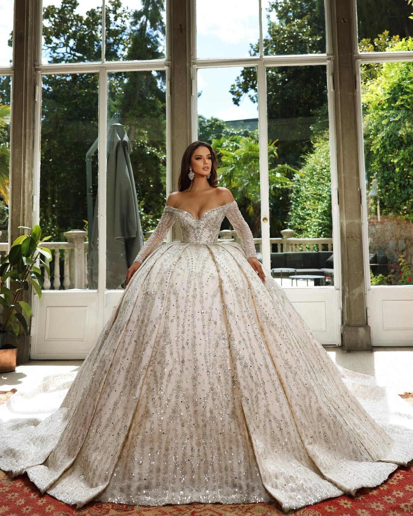 Wedding Dubai Dresses Long Sleeve Bridal Gowns Ball Gown Beading Arabic Off The Shoulder Church Vestido De Noiva