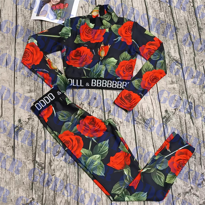 Rose Pattern Swimsuit Womens Long Sleeve Top Elastic Leggings Sexy Slim Sportswear For Women