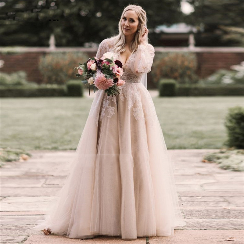 Verngo Vintage Dusty Color Dress Long Sleeves Lace Applique Tulle Bridal Gowns Beach Boho Wedding Gown Plus Size