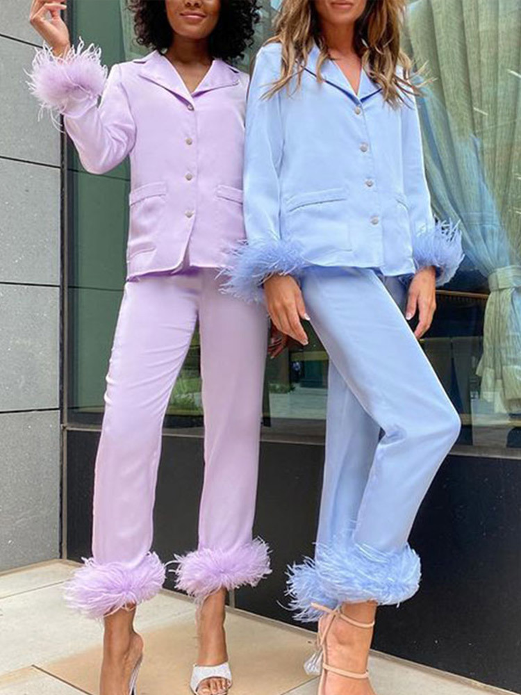 Womens Two Piece Pants Sexy With Feather Blazer And Straight Suits Women Fashion Furry Tailored Collar Shirts Trousers Set Lady Outfit 221117